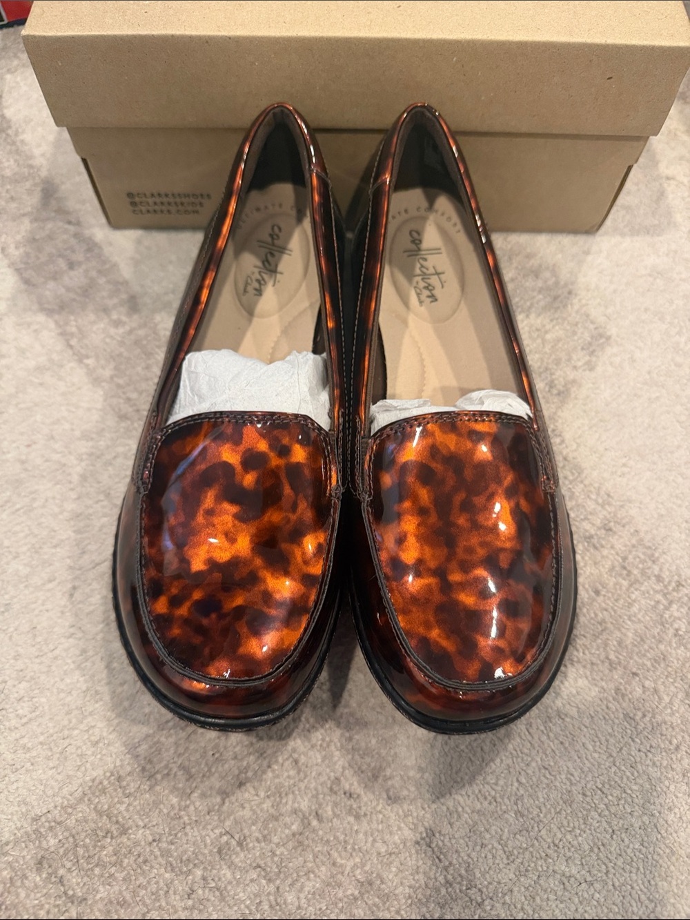 Clarks Women's Tortoiseshell Patent Loafers in Brown